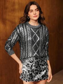 Anewsta 女士复古优雅套头宽松针织圆领金属箔毛衣，适合秋季、冬季、春季、新年、派对、婚礼、优雅、时尚、商务休闲、舒适、感恩节、工作场合穿着。 - 黑與白 - 查看 5