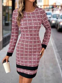 SHEIN Clasi 女式优雅圆领 H 型仿印花针织短裙，适合日常穿着和多种场合，秋季 - 彩色 - 查看 5