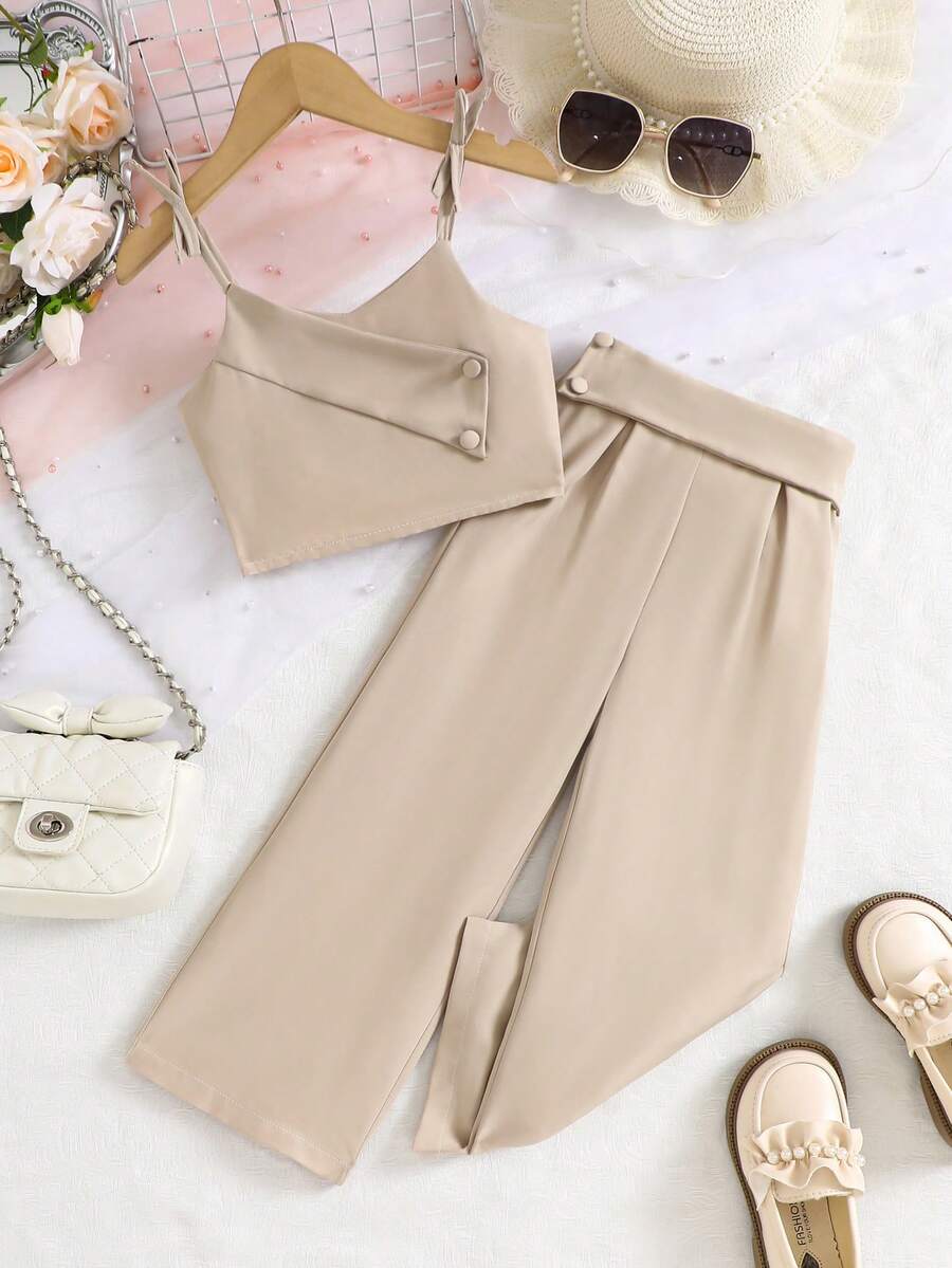 SHEIN Elladie kids Set de 2 piezas con top de tirantes con lazo y pantalones de traje para niñas, adecuado para uso diario y vacaciones, verano - Albaricoque - Ver 1