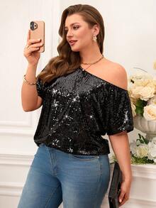Miaspire Áo sơ mi nữ cỡ lớn thời trang cổ lệch đính sequin, kiểu dáng công sở. - màu đen - Xem 6
