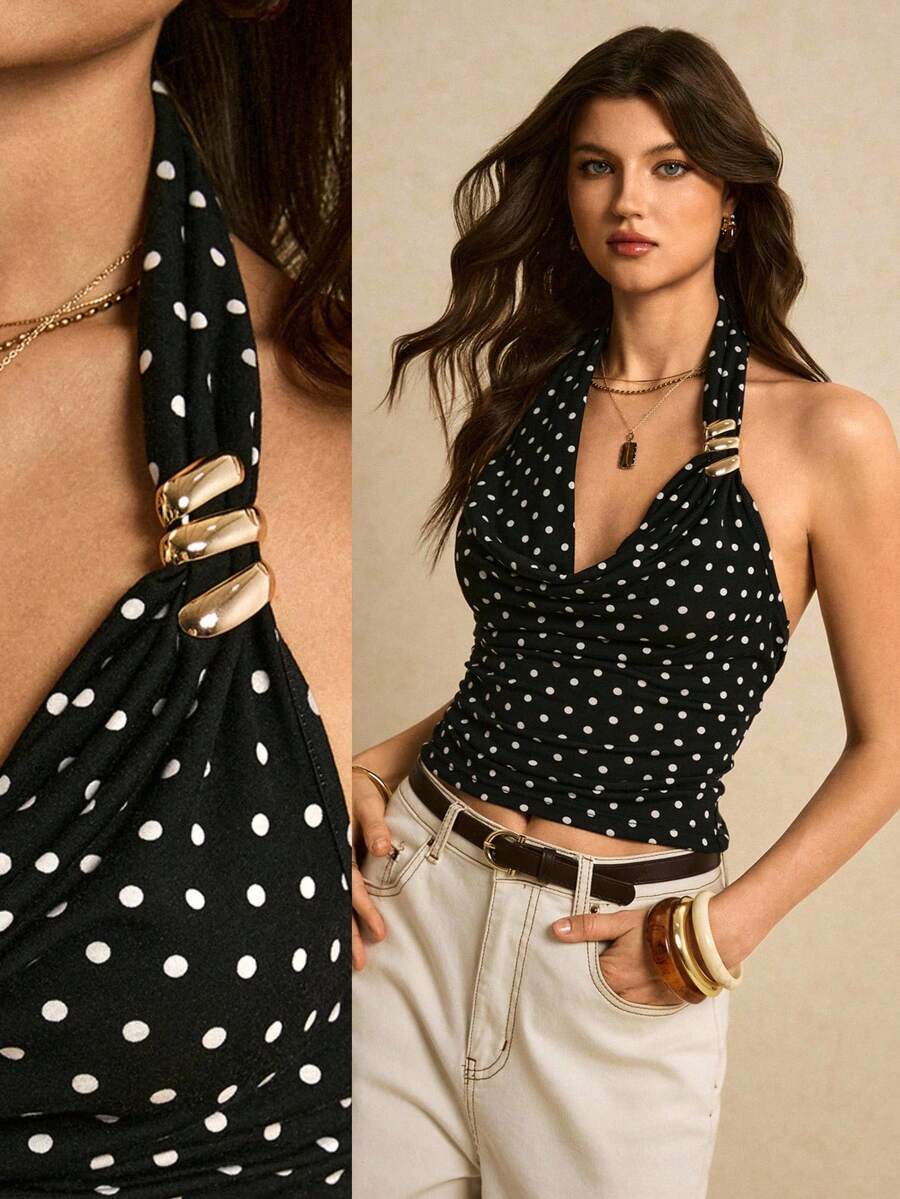 Poéselle 女士性感波点印花垂褶领露背吊带背心，夏季 - 黑色 - 查看 1