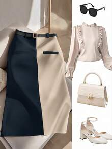 GlowEve CURVE Plus Size Elegant Color Block Design Classic Business Commute Skirt (Woe Is Me Vibes) (Wednesday Aesthetic)