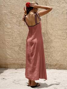 SHEIN Frenchy Đầm nữ đi nghỉ mát, kiểu dáng thường ngày, thắt dây vai. - Gỗ đỏ - Xem 2