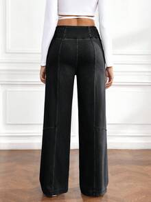 Flexra Women's Solid Color Elastic Waist Slant Pocket Jeans Black Flare Pants Flared Pants For Women Pants Wide Leg - Grey - View 2