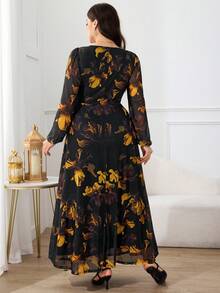 Modelyn 大码女式印花方领灯笼袖褶皱优雅连衣裙 - 彩色 - 查看 2