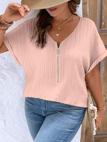 EMERY ROSE Plus Size Women's Solid Color Simple Daily Short Sleeve Shirt For New Year Clothes - Baby Pink - View 5