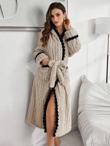 Lazeform Contrast Color Pom-Pom Hooded Jacquard Plush Ladies Robe, For Fall Winter, Cozy Outfit, Fluffy - Apricot - View 4