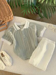 SHEIN 2pcs Baby Boy Summer Casual Denim And White Family Matching Green Polo Collar Short Sleeve Top And Elastic Waist Pants Set For Birthday Party Wedding - Multicolor - View 6