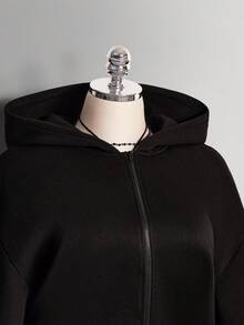 SHEIN ICON 大码女式休闲连帽衫，饰有水钻，前拉链 - 黑色 - 查看 6