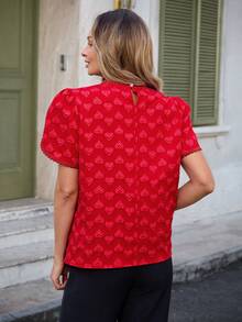 Louniche 女士春季休闲圆领花瓣袖简约直筒心形提花情人节短袖百搭衬衫 - 紅色 - 查看 2