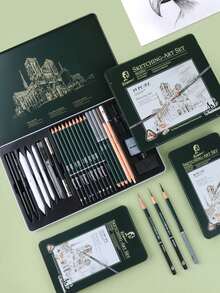 10/12/19/27 素描铅笔套装，专业艺术炭笔绘画套装，素描和人体素描便携式铁盒套装，不含炭笔，不含木柄 - 素描鐵盒裝 - 查看 1