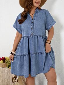 EMERY ROSE EMERY ROSE Plus Size Women's Dark Blue Summer Casual Short Denim Dress,Hiking,Date,Party,Cocktail,Formal Events,Vacation,Office,Work,Commute,Wedding Guest Dress - Blue - View 2