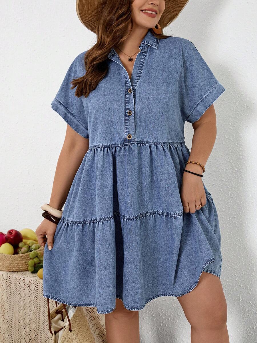 EMERY ROSE EMERY ROSE Plus Size Women's Dark Blue Summer Casual Short Denim Dress,Hiking,Date,Party,Cocktail,Formal Events,Vacation,Office,Work,Commute,Wedding Guest Dress