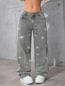 SHEIN Tall Jeans de pierna recta con lavado, bordado de mariposa y rhinestones de cintura baja - Gris Claro - Ver 3
