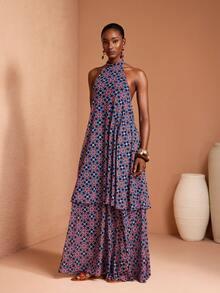 JIAN LASALA All-Over Print Mesh Halter Neck Tie Sleeveless Layered Ruffled Women Maxi Dress Spring Summer - Multicolor - View 4