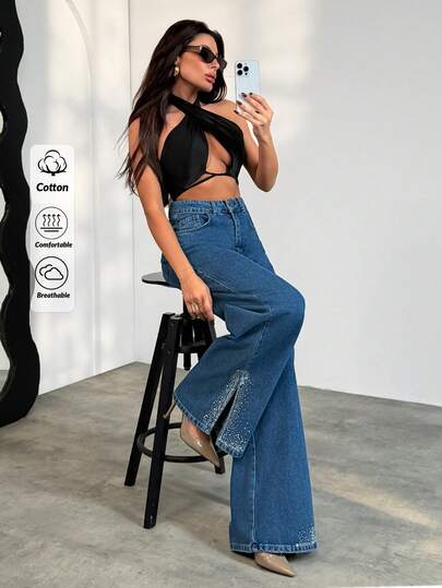 Rhinestone Jeans High Rise Wide Leg Side Slit Denim Bling Jeans Crystal Jeans Embellished Jeans Sparkly Jeans