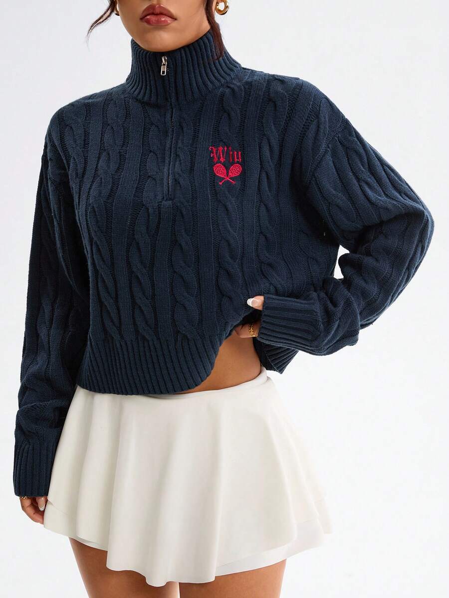 Dewbera Women's Zip-Up Embroidered Sweater - Navy Blue - View 1