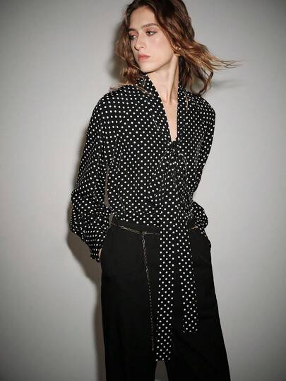 Lumivelle Women's Elegant Commuter Tie-Up V-Neck Long Sleeve Button Polka Dot Blouse