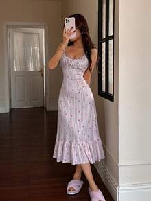 Snug Reverie Cute Ruffled Hem Heart Print Embroidered Floral Strap Women Nightgown - Pink - View 6