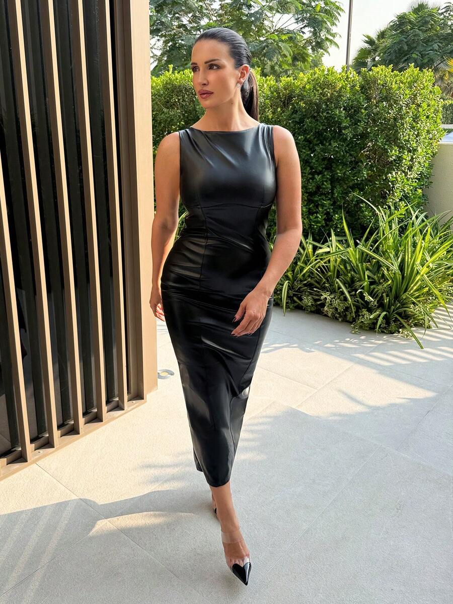MDEdit Sleeveless PU Leather Long Bodycon Dress For Women - Black - View 1