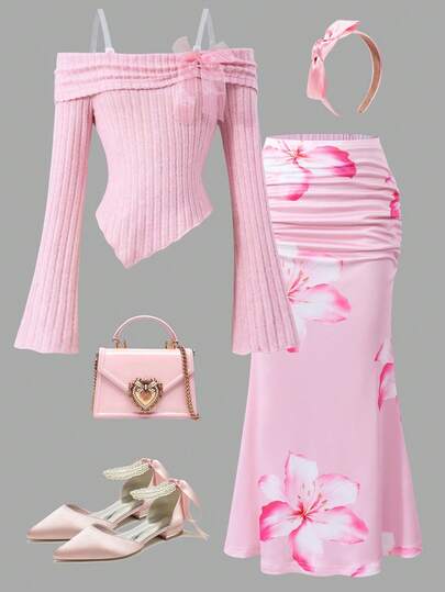 SHEIN Conjunto de 2 piezas para niñas y mujeres: Camiseta ajustada de manga larga con volantes, hombros descubiertos y lazo decorativo, bajo asimétrico; y falda larga casual con estampado floral, adecuado para fiesta, vuelta al colegio, elegante francés, princesa, boda, cumpleaños, color rosa