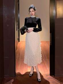 DAZY Đầm midi thanh lịch mùa xuân & hè với thiết kế đính cườm, thắt eo, phù hợp cho các dịp thường nhật, nghỉ mát, đám cưới, tiệc tùng, đi làm. - màu đen - Xem 4