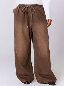 MUSERA Quần jeans ống rộng, cạp chun, cỡ lớn, chất liệu denim mài, thích hợp mặc hàng ngày. - màu nâu - Xem 1