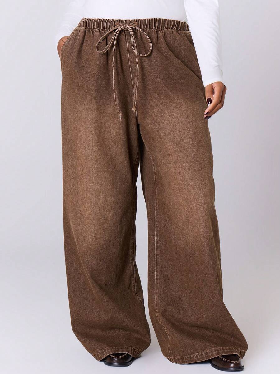 MUSERA Quần jeans ống rộng, cạp chun, cỡ lớn, chất liệu denim mài, thích hợp mặc hàng ngày. - màu nâu - Xem 1