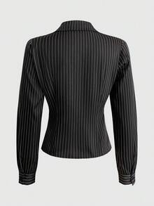 Sunspun Plus Size Fashion Color Block Textured Button Fitted Waist Striped Collar Long Sleeve Women Shirt, Autumn