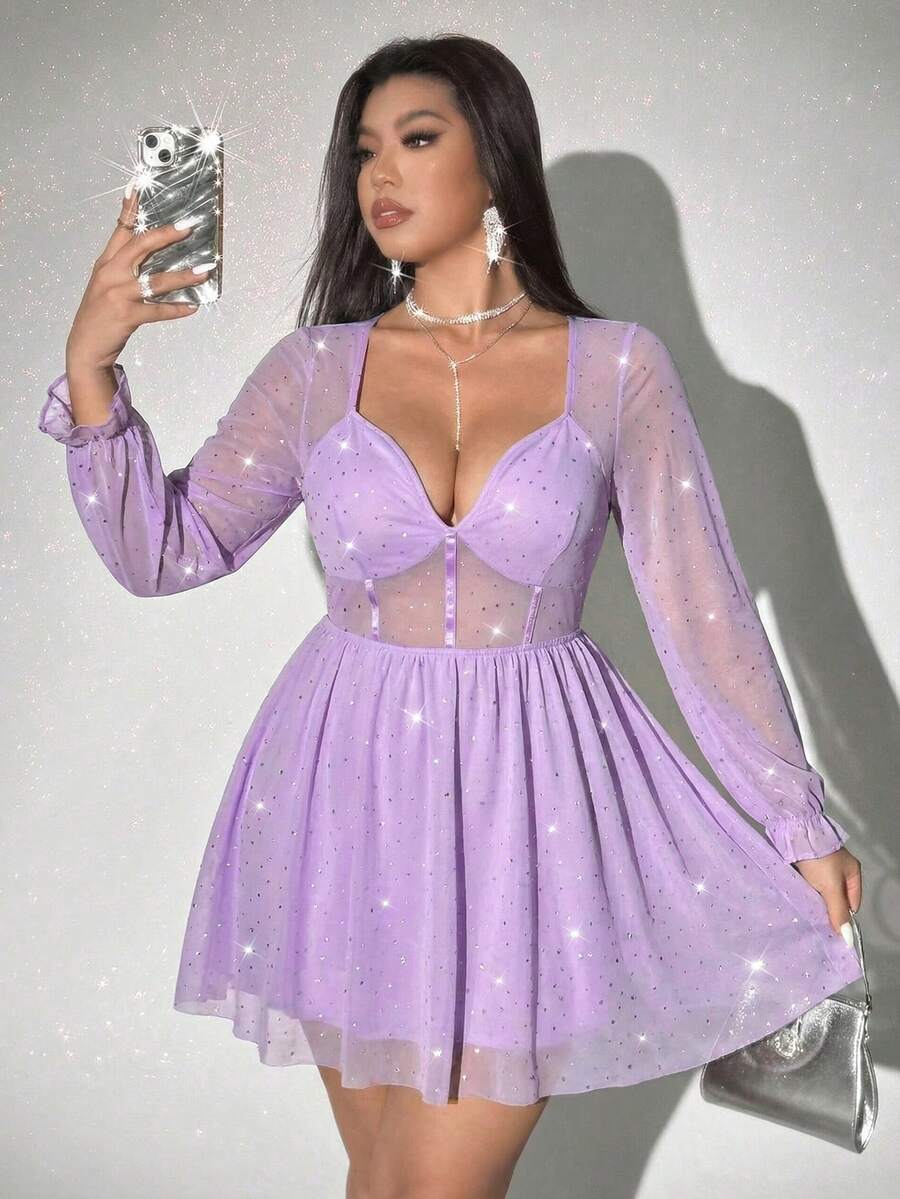 Viva Relle 大码女士性感V领长袖A字迷你紧身连衣裙，适合派对穿着 - 淡紫色 - 查看 1