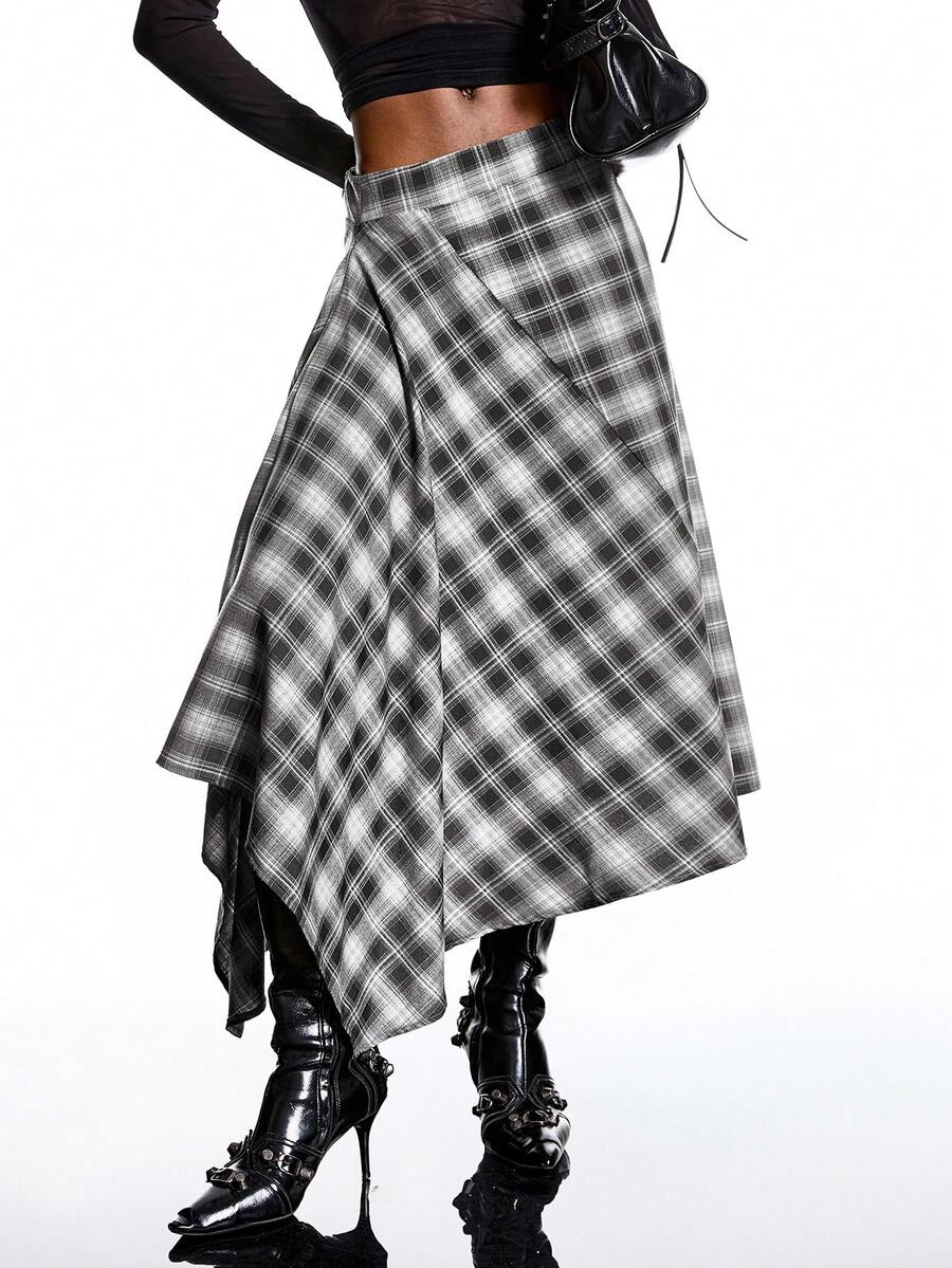 LYSMO Mẫu váy quấn kẻ caro đen trắng tối giản mới năm 2026 dành cho nữ với đường viền bất đối xứng là một món đồ thời trang và đa năng, phù hợp với nhiều dịp như đi chơi, các sự kiện trang trọng, trang phục thường ngày, tiệc Giáng sinh và lễ đón năm mới. Đây là sự lựa chọn lý tưởng cho cả mùa đông và mùa xuân. - Đen và trắng - Xem 1