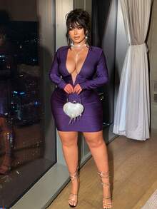 NU&NOW Plus Size Women's Solid Color Long Sleeve Deep V-Neck Ruched Shiny Mini Dress, Valentine's Day - Purple - View 5