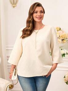 Miaspire 大码女式时尚优雅圆领七分袖上衣，适合夏季、春假、情人节、生日等场合，优雅百搭，适合度假穿着。2026新款，简约时尚，日常穿着舒适透气。适合夏季、春假、情人节、狂欢节、海滩等各种场合，大码女式上衣，适合各种身材。 - 淺粉色 - 查看 1