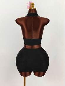 Amplova 2025新款休闲性感派对度假返校V领无袖露脐上衣和百褶迷你裙两件套女装 - 黑色 - 查看 2