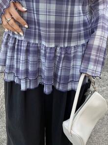 FRIFUL Women's Plaid Round Neck Long Sleeve Ruffle Hem Casual Loose Blouse