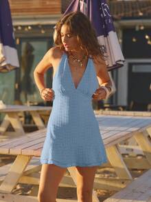 Aralina Women's Floral Jacquard Ruffle Hem Deep V-Neck Mini Vacation Dress - Blue - View 3