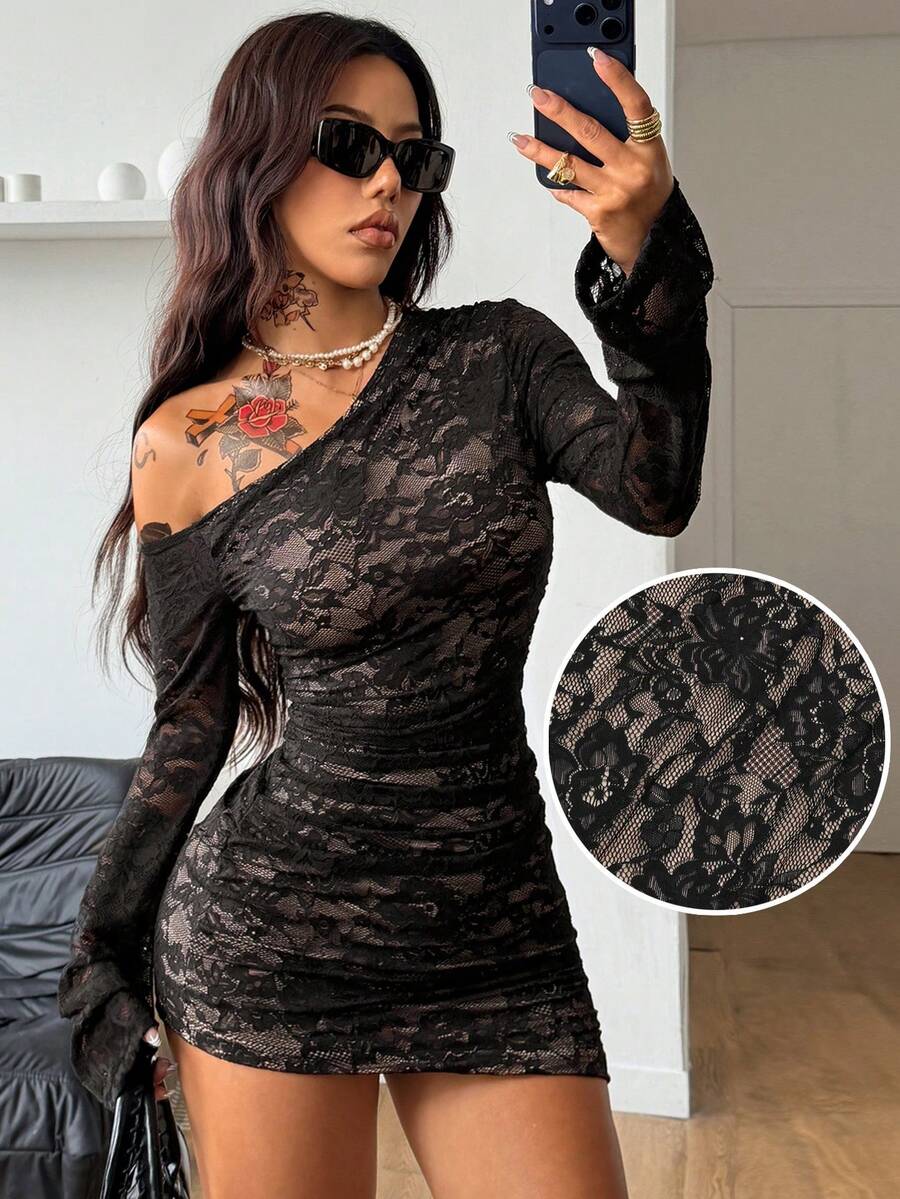 Coolane 女士春季新年约会之夜罗纹针织褶皱不对称领修身半身裙 - 黑色 - 查看 1
