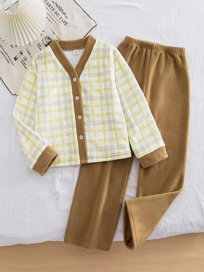 Girls' Plaid Fluffy Cardigan Cozy Pajama Set