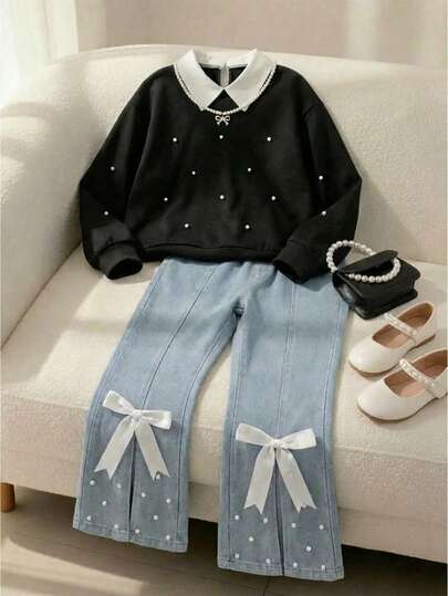 مجموعة من قطعتين للفتيات المراهقات: بلوزة فضفاضة مطبوعة بالفراشات وجينز مستقيم الساق فضفاض مطرز بالفراشات باللون الوردي