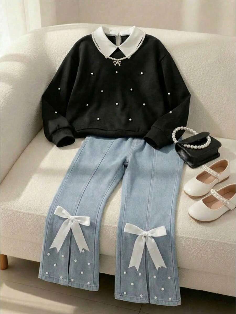 2pcs/Set Tween GirlsCasual Loose Butterfly Print Sweatshirt & Pink Washed Loose Butterfly Embroidered Straight Leg Jeans - Multicolor - View 1