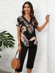 EMERY ROSE 女士热带植物印花短袖衬衫和七分裤休闲两件套 - 黑色 - 查看 8