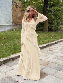 Jeta Ari 秋季长袖超长连衣裙，浪漫甜美荷叶边约会/旅行休闲装，适合情人节，蝴蝶结细节，优雅女士连衣裙，节日连衣裙，正式连衣裙，中长连衣裙，夏季连衣裙，网眼透视袖，休闲连衣裙，女士婚纱，曲线/加大码，加大码生日礼服，晚会礼服，夏季，秋季 - 杏色 - 查看 4