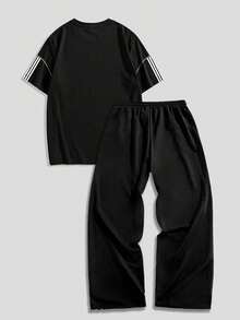 ROMWE MEN Men's Letter & Striped Round Neck Short Sleeve T-Shirt And Drawstring Waist Casual Pants Set - Black - View 2