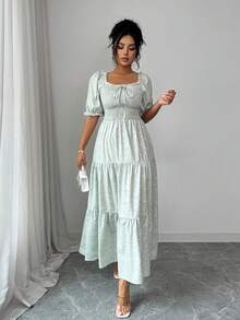 Elenzga Women's Elegant Ditsy Floral Square Neck Puff Sleeve Ruched Waist Layered A-Line Dress, Spring/Summer - Green - View 1