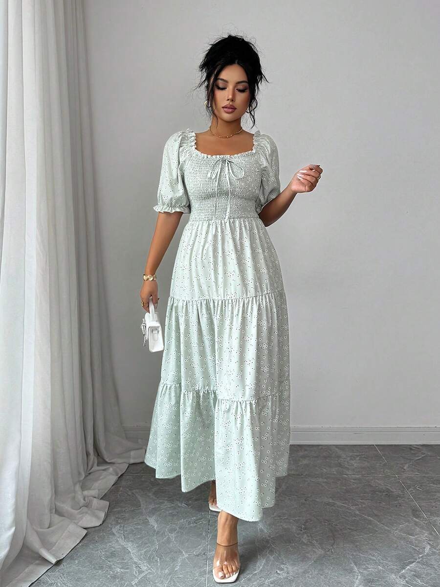 Elenzga Women's Elegant Ditsy Floral Square Neck Puff Sleeve Ruched Waist Layered A-Line Dress, Spring/Summer - Green - View 1