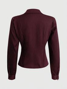 Sweetra CURVE Plus Size Fashion Color Block Textured Button Fitted Waist Striped Collar Long Sleeve Women Shirt, Autumn - Burgundy - View 2
