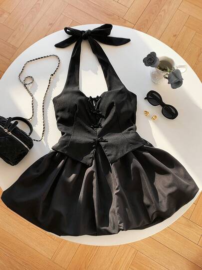 SHEIN EZwear 女士纯色前系带吊带荷叶边短款休闲连衣裙