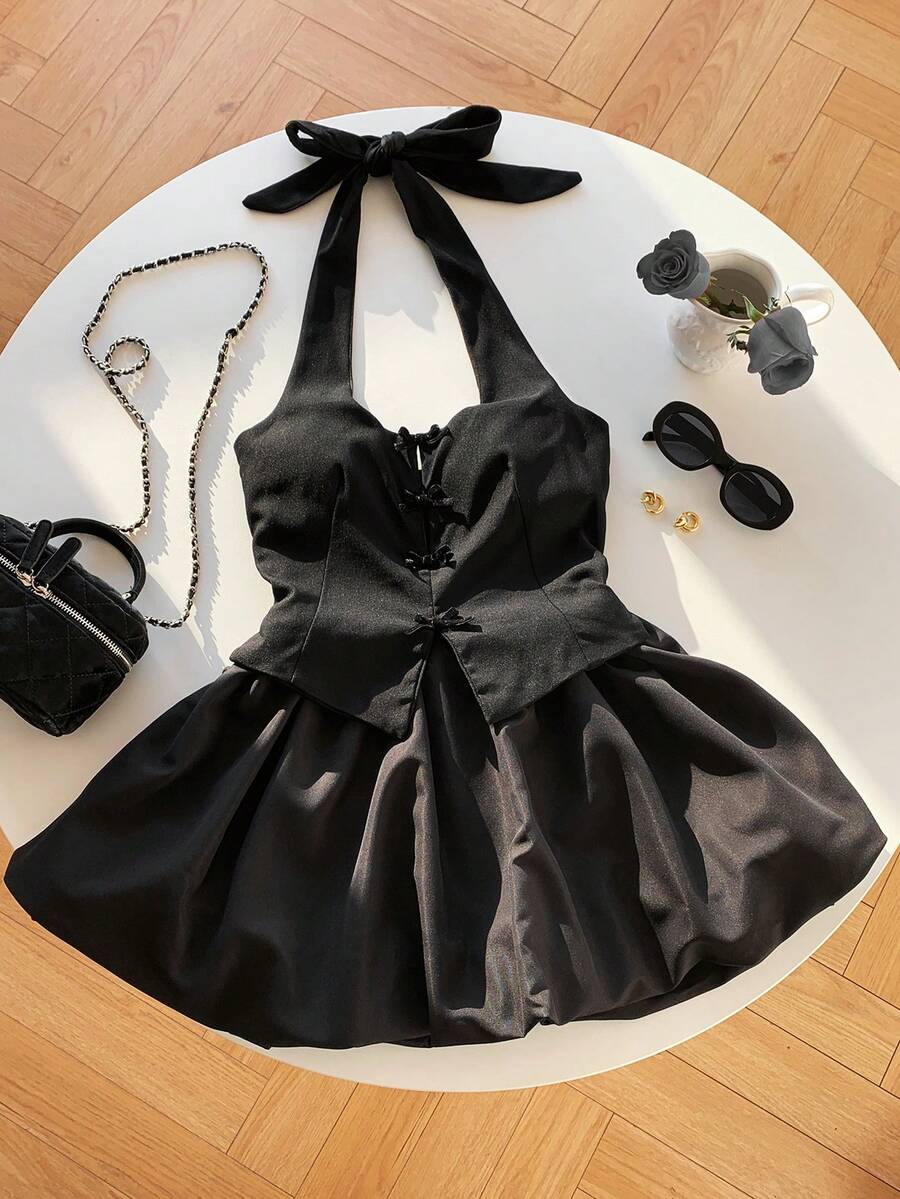 SHEIN EZwear 女士纯色前系带吊带荷叶边短款休闲连衣裙