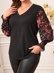 Miaspire 大码印花拼接T恤，休闲秋季情人节春假夏季假日嘉年华婚礼及活动优雅之选，春夏度假大码长袖上衣 - 黑色 - 查看 6