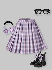 SHEIN ChillGRL Streecool Teen Girls Woven Plaid Pleated A-Line Skirt, Suitable For Casual Daily Wear